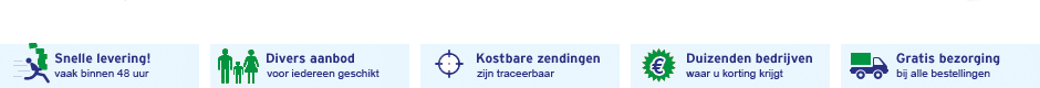 Snelle levering vaak binnen 48 uur, divers aanbod voor iedereen geschikt, kostbare zendingen zijn traceerbaar, duizenden bedrijven waar u korting krijgt en gratis bezorging bij alle bestellingen